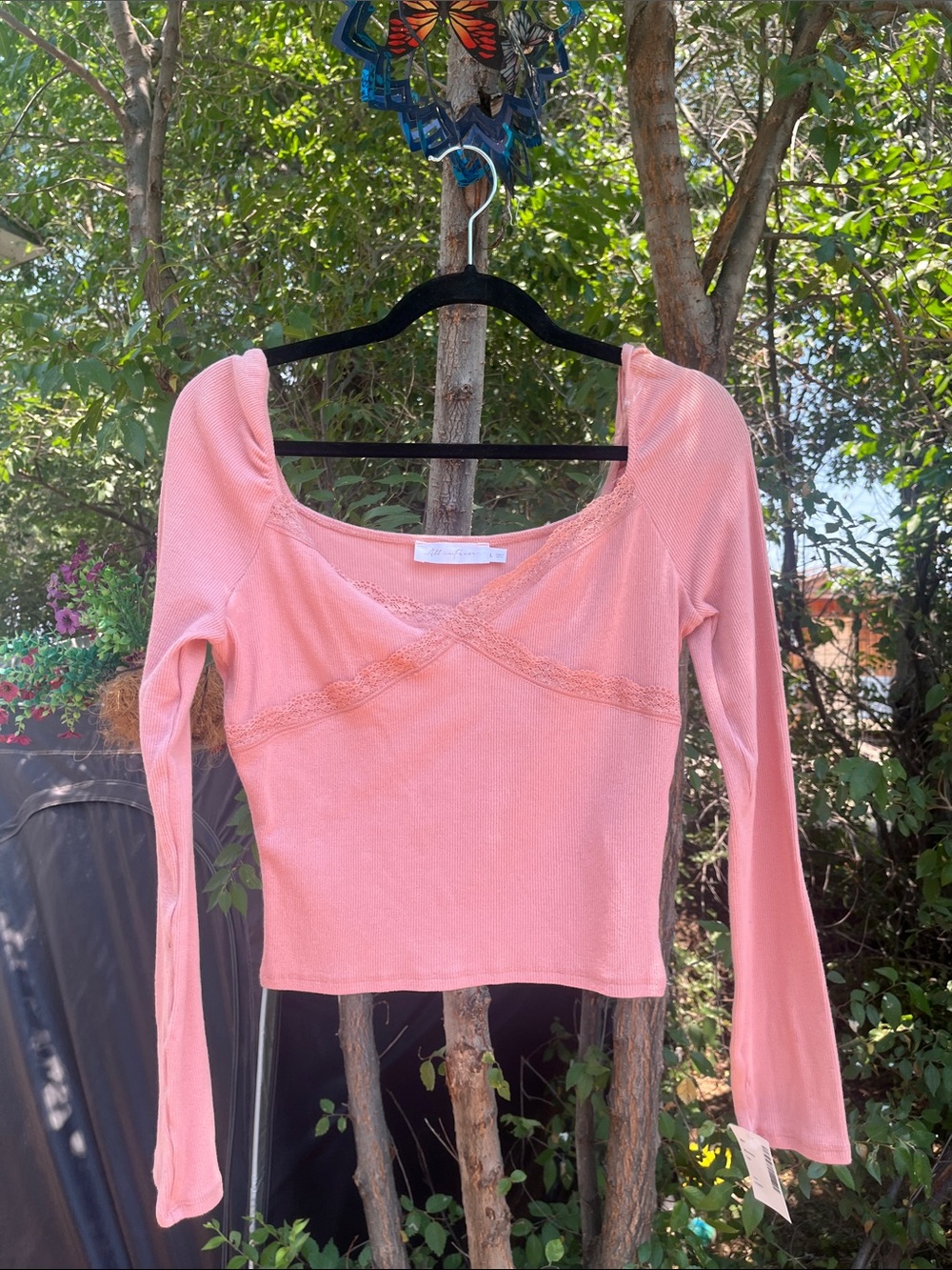 All in Favor Peach-Pink Long Sleeve Lace-Trim Scoop Top